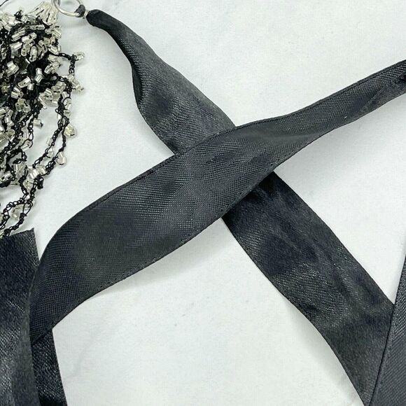 Black Multi Strand Beaded Ribbon Tie Necklace - Picture 10 of 11